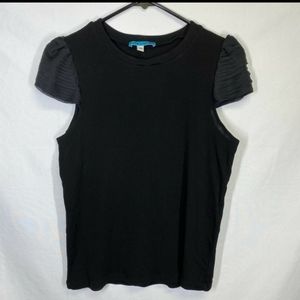 Alice + Olivia Black Pleated Ruffle Short Cap Sleeve Puff Shoulder Tee Top M